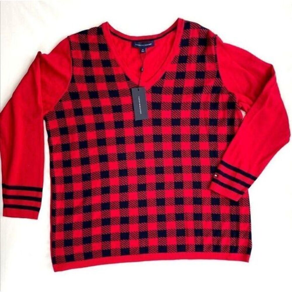 Tommy Hilfiger Cotton Sweater Top 2X Red Black‎